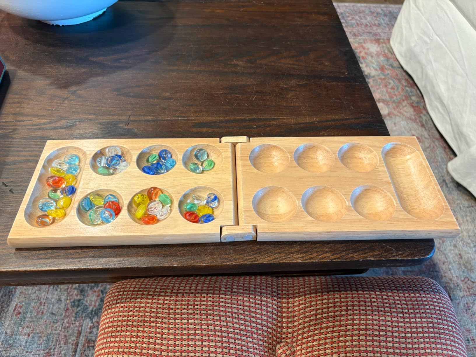 Pressman Mancala Board Game | Fun Classic Table for Adults & Kids | Includes 48 Glass Mancala Stones and Wood Hinged Playing Board | 2 Players, Ages 6+ customer photo 1