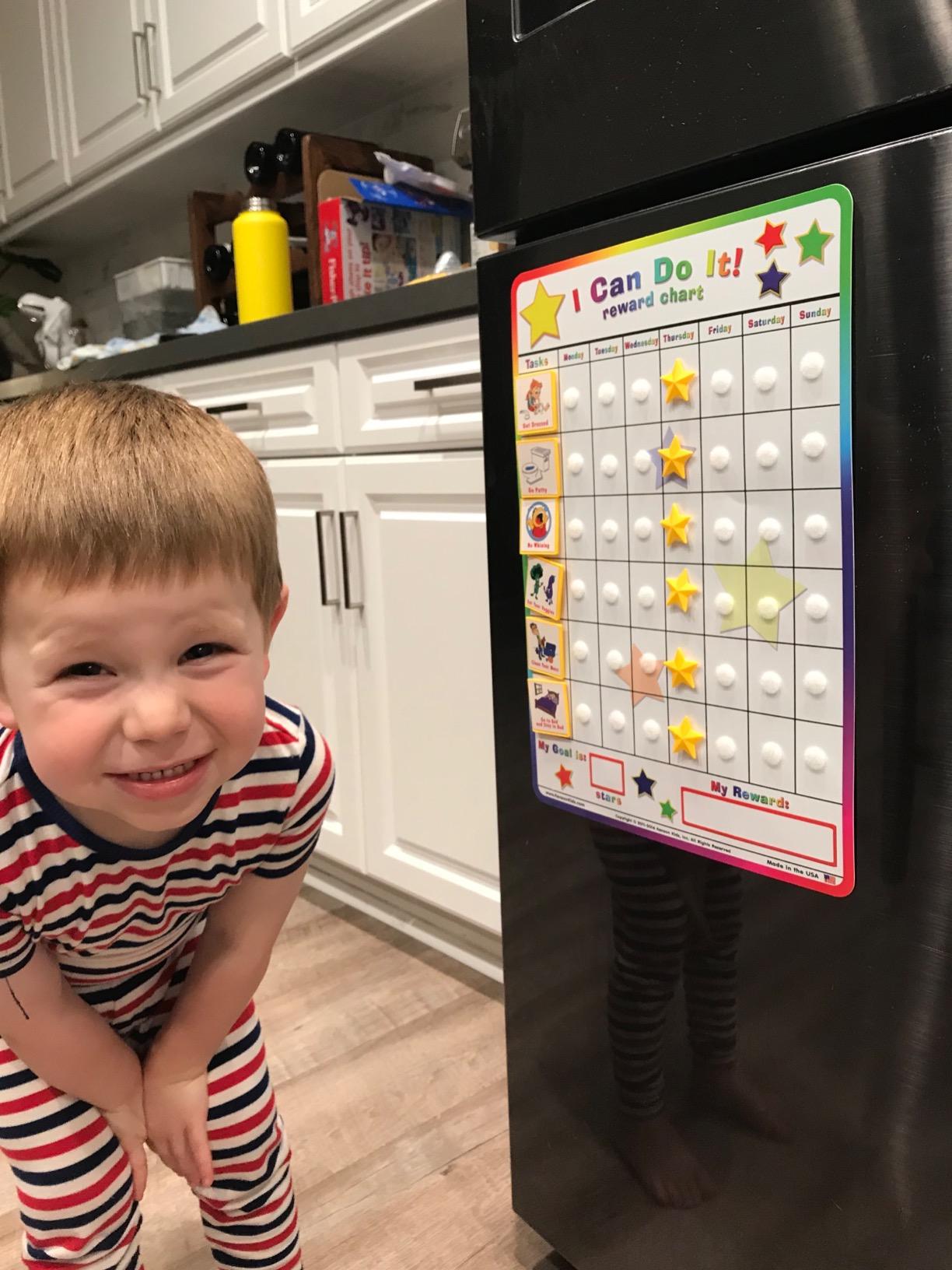Kenson Kids I Can Do It Reward & Responsibility Chart for Kids — Magnetic Chore & Behavior Chart with 45 Reusable 3D Stars, 20 Tasks, Potty Training & Routines, Ages 3-10, 11 x 15.5 in. customer photo 2