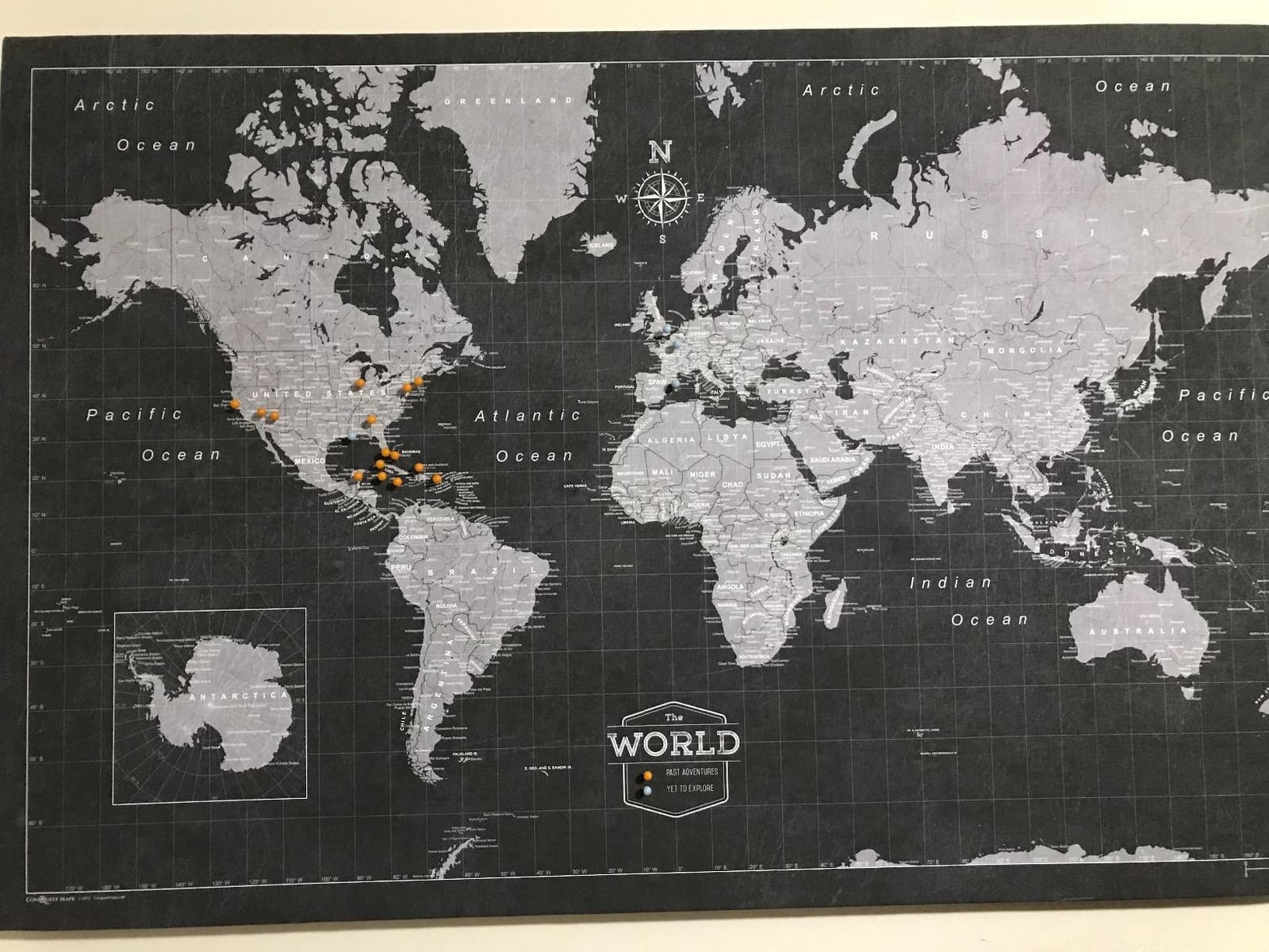 Conquest Maps World Travel Map with Pins Modern Slate Style Push Pin Travel Map Cork Board, Track Your Travels w/a Handmade Unique Canvas Pinable Map (24
