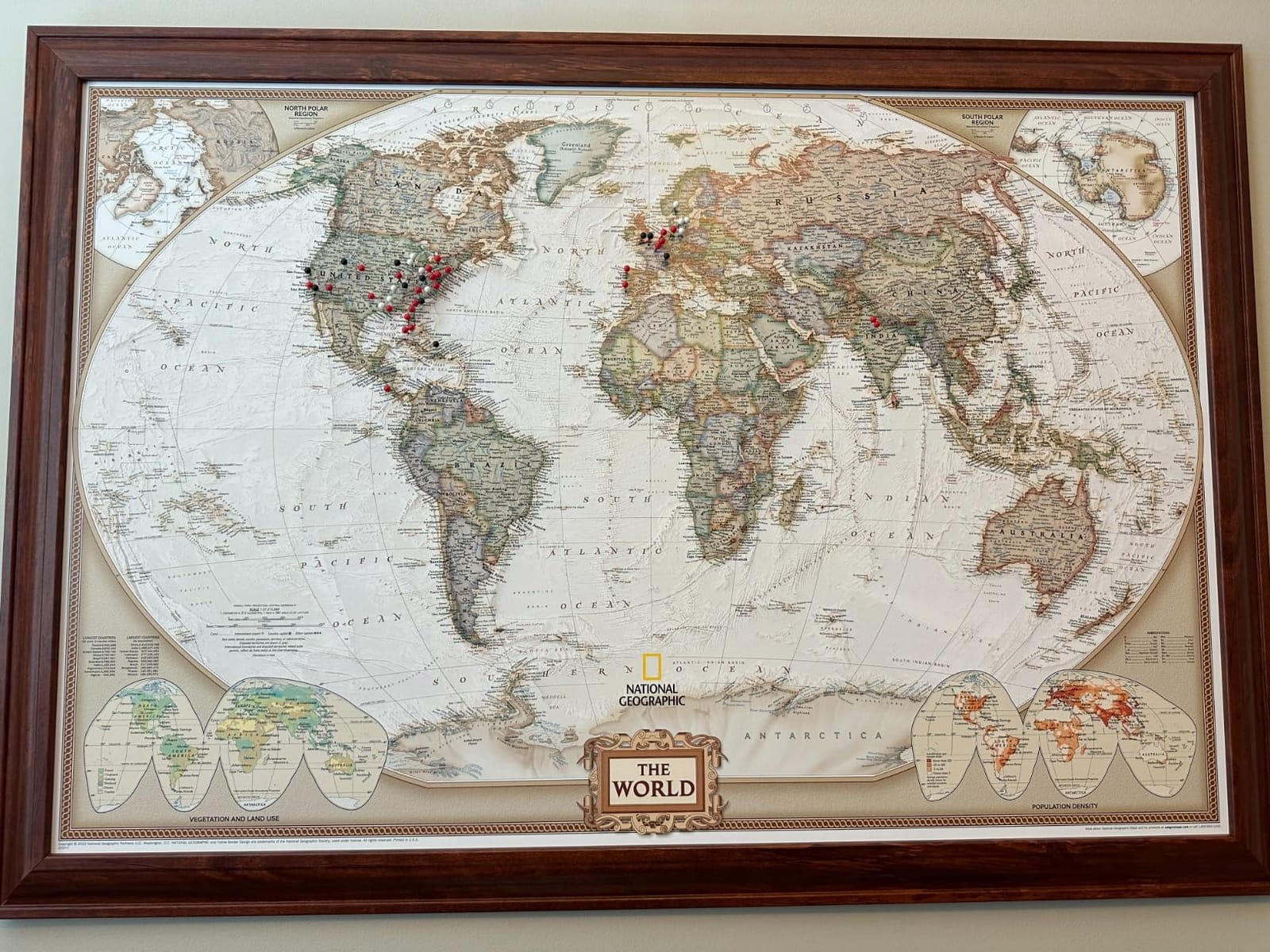 Executive World Map Canvas Poster with Pins – National Geographic Detailed Antique Style Canvas Travel Map – Large 24