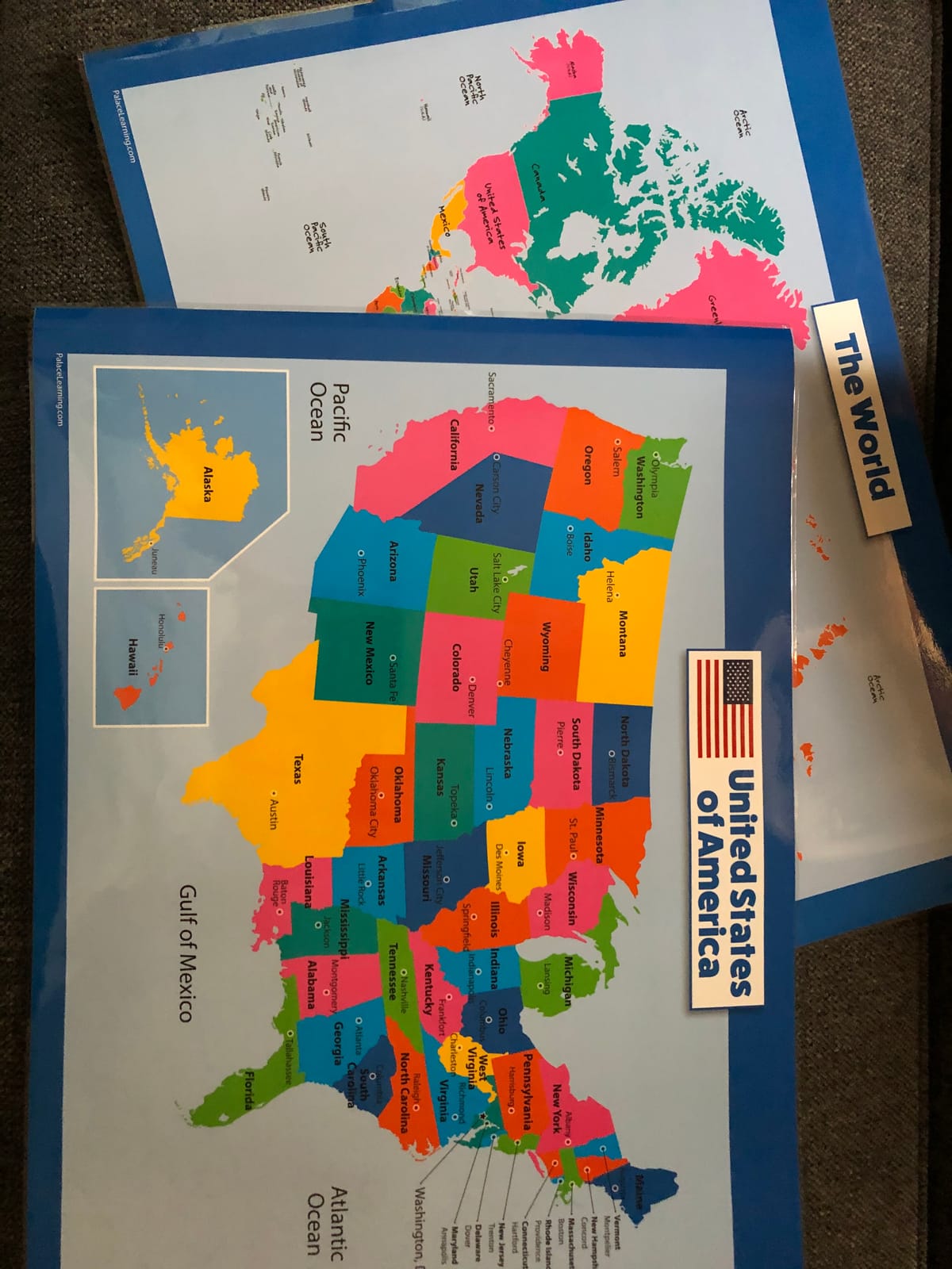World Map and USA Map for Kids - 2 Poster Set - LAMINATED - Wall Chart Poster of the United States and the World (18 x 24) customer photo 1