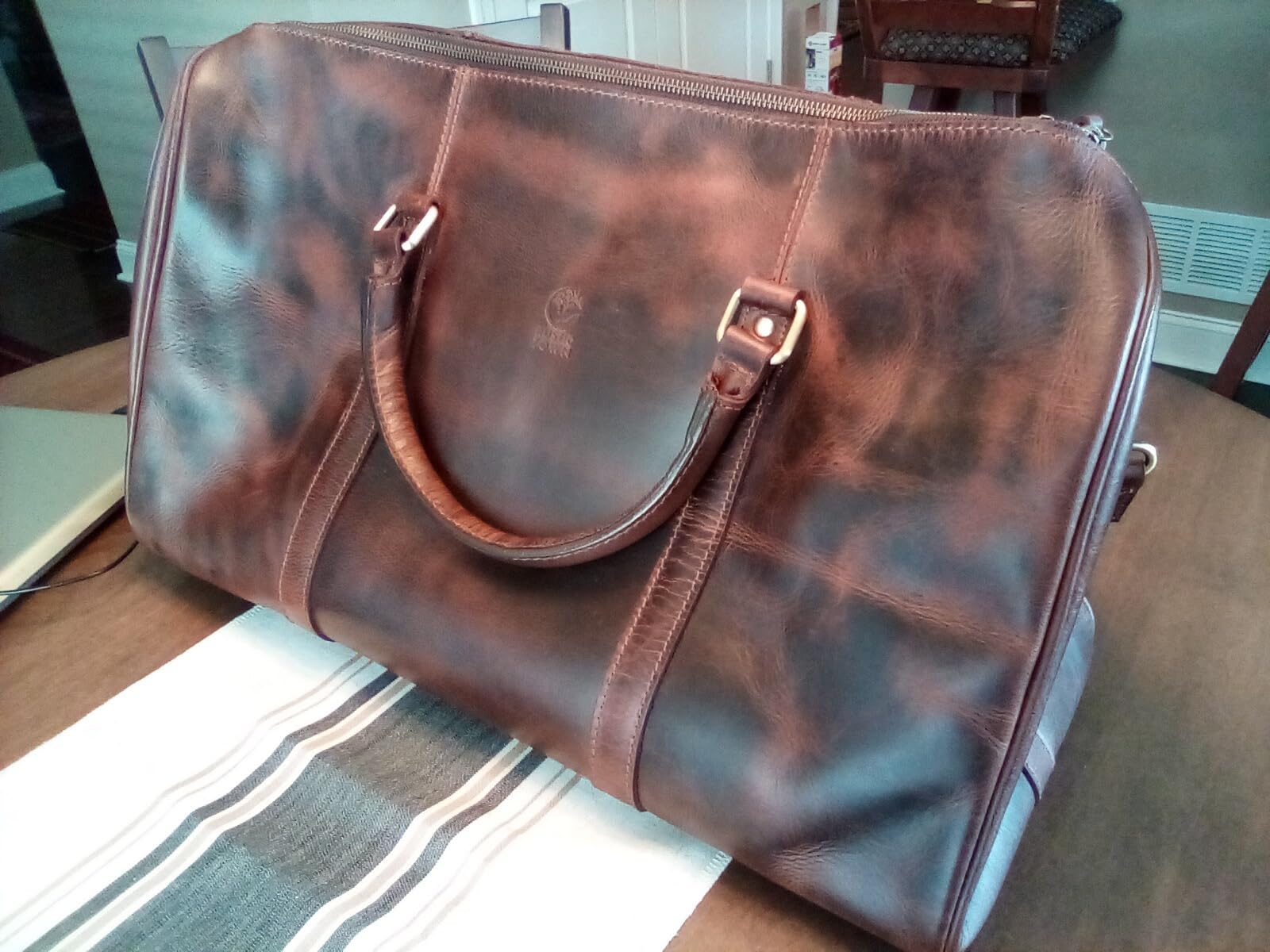 Men's Leather Travel Bag - Weekender Sports Travel Shoulder Bags Aeroplane Hand Luggage Men Duffle Bag (Large), Mulberry, L, leather duffel bag customer photo 1