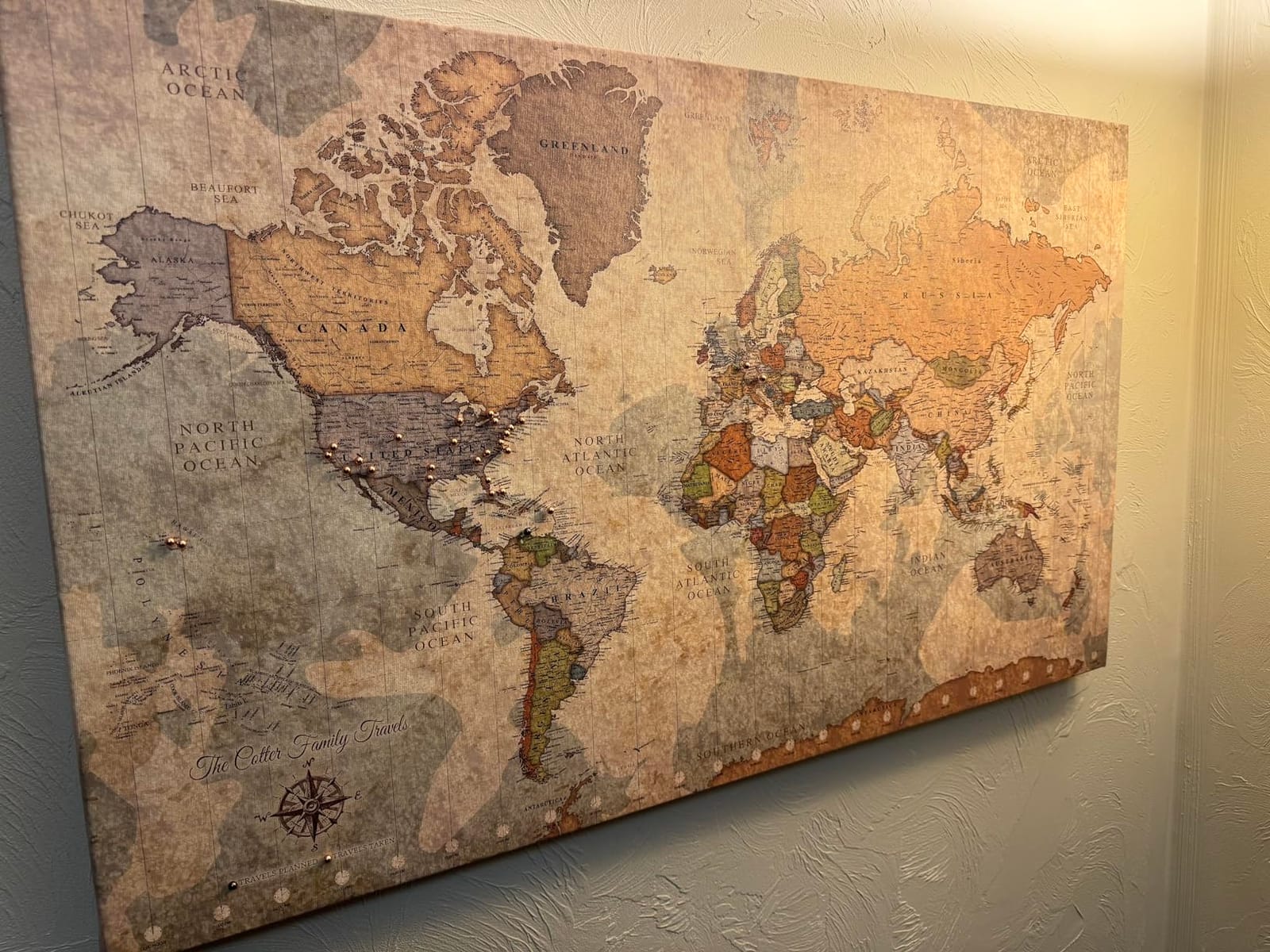 HolyCowCanvas Personalized Travel Map with Pins in Vintage Earth Tones, Customize with Your Names and Quote, Push Pin Travel Map Tracker (40x24, Rolled/Unframed) customer photo 2
