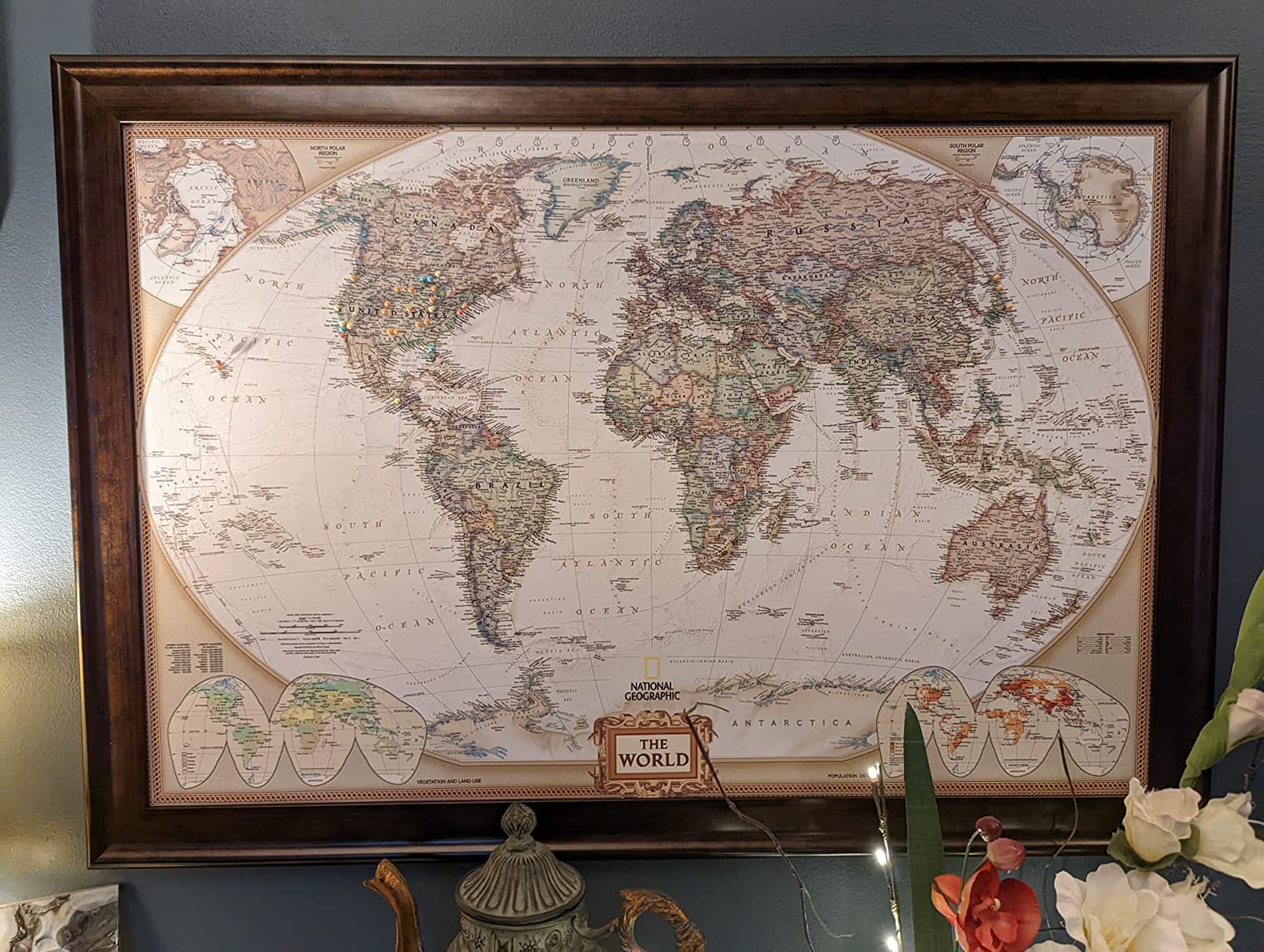 Renditions Gallery Colorful World Map Canvas Wall Art with Walnut Frame Wall Hanging Travel Map with Push Pins for Home, Office, Classroom customer photo 2