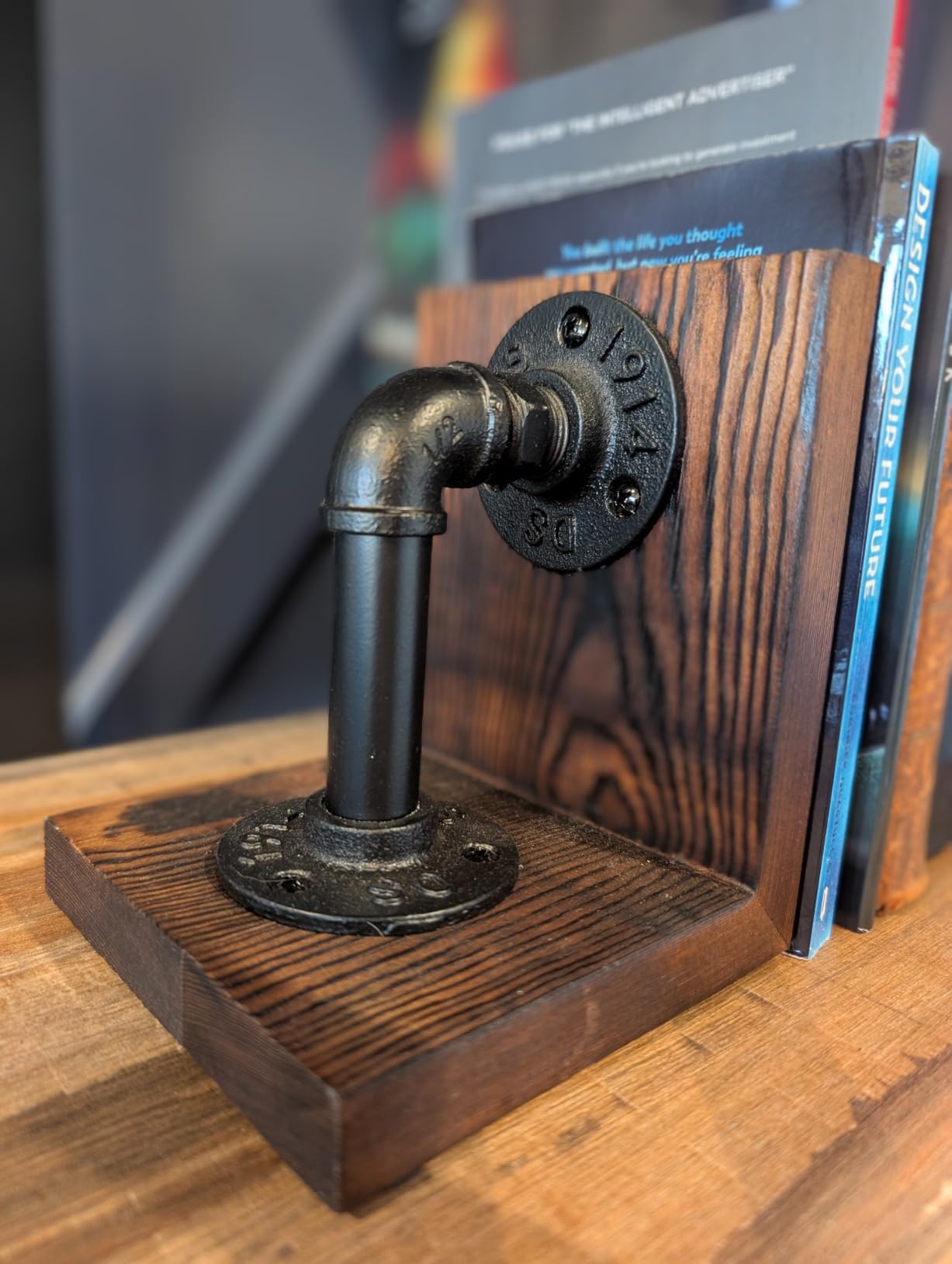 MyGift Burnt Wood Bookends with Metal Industrial Pipe Design, 2 Piece Set customer photo 1