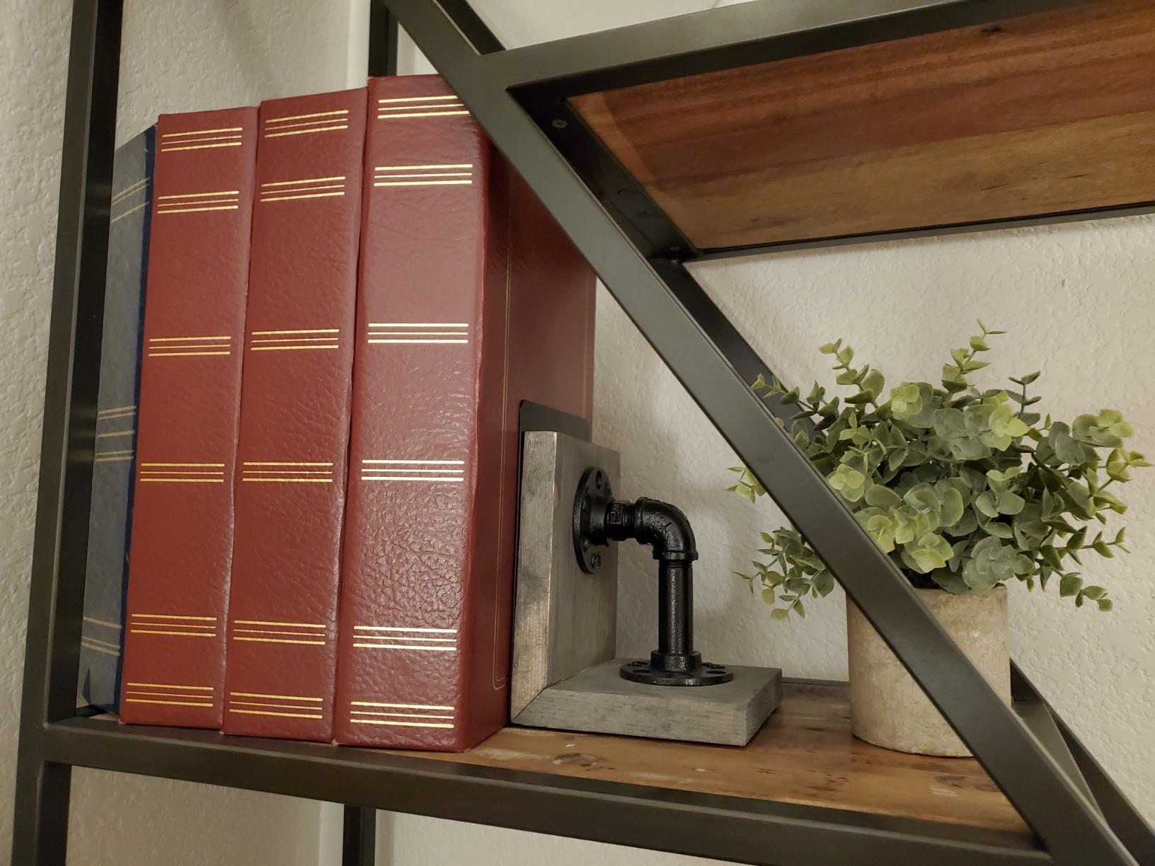 MyGift Burnt Wood Bookends with Metal Industrial Pipe Design, 2 Piece Set customer photo 2
