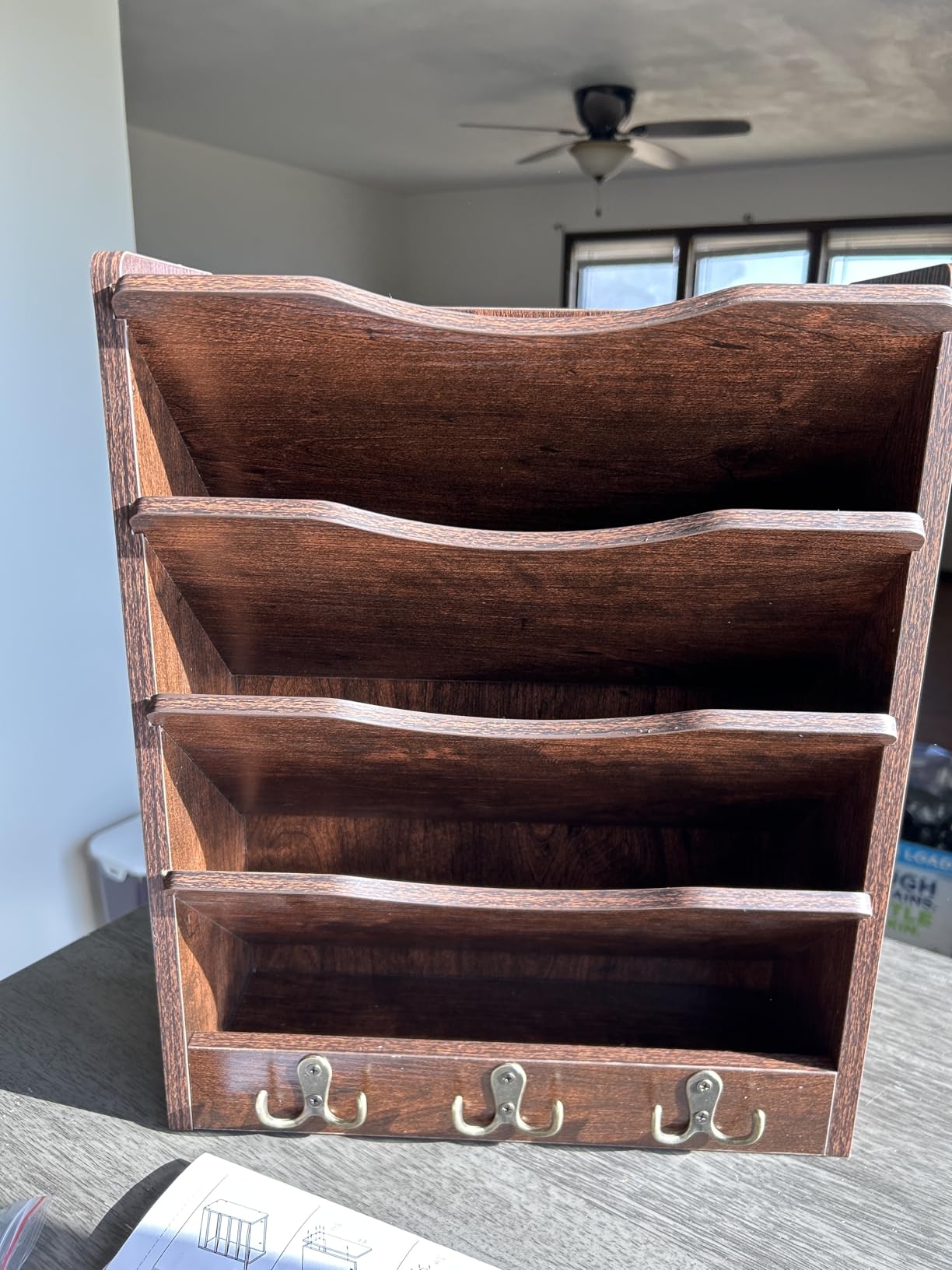 PAG-Mass 5-Tier Wall File Holder Hanging Mail Organizer Wood Magazine Literature Rack with 6 Hooks, Brown customer photo 2