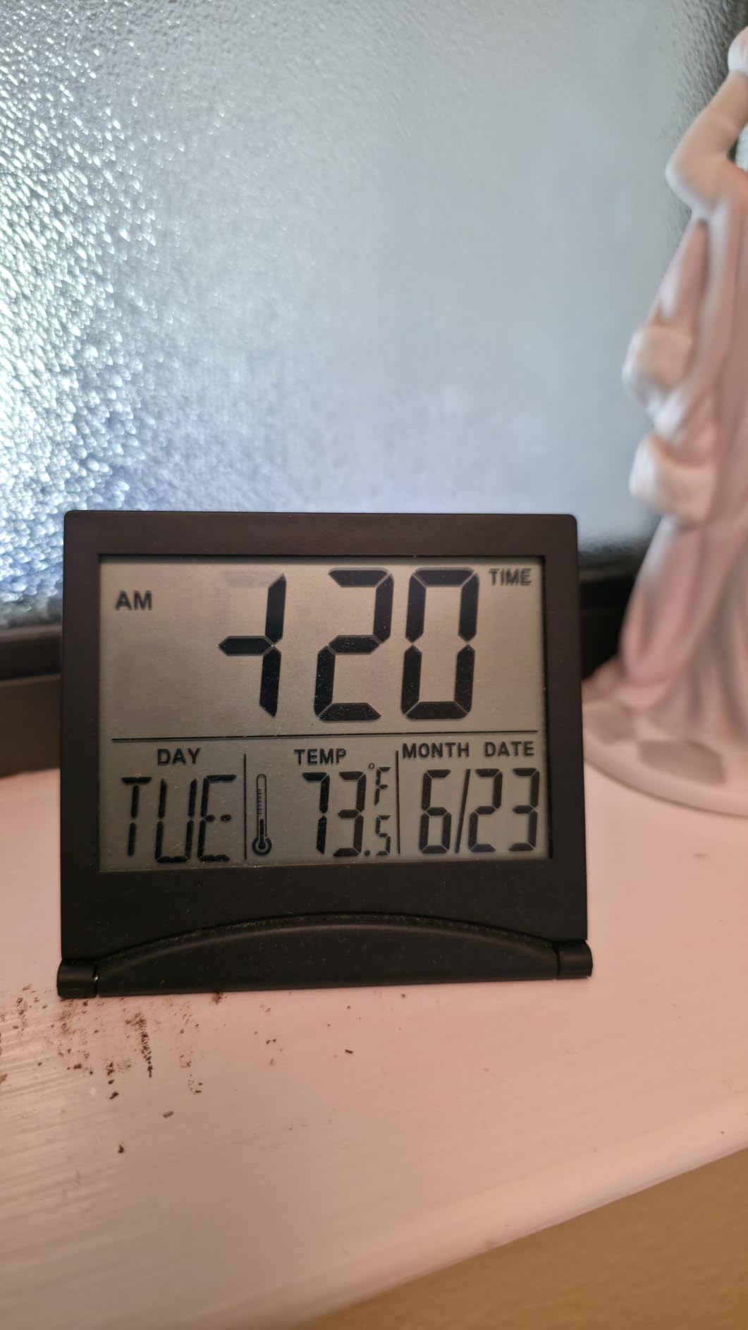 Betus Digital Travel Alarm Clock - Foldable Calendar Temperature Timer LCD Clock with Snooze Mode - Large Number Display, Battery Operated - Compact Desk Clock(Silver, No Backlight) customer photo 1