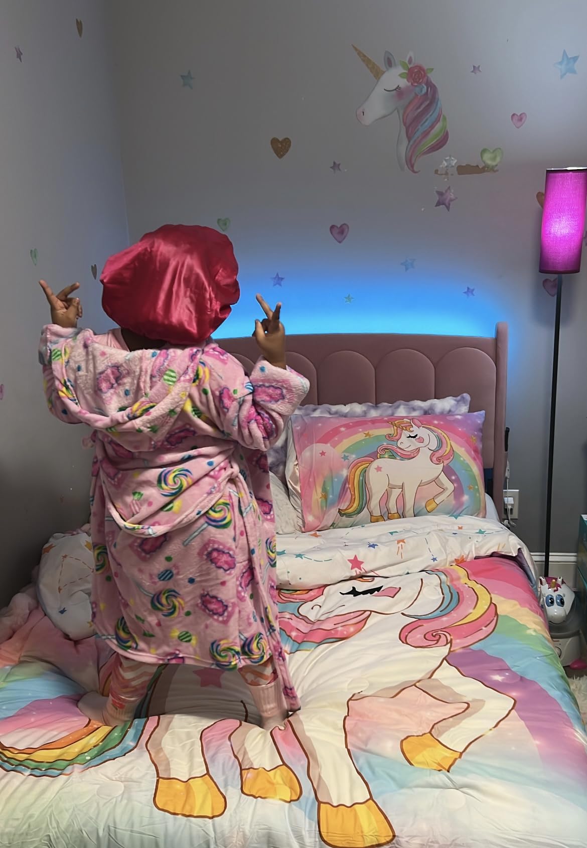 Pink Unicorn Wall Decal for Girls Bedroom,Removable Waterproof Large Size Unicorn Wall Sticker Decor for Girls Bedroom Nursery Playroom Cute Princess Room Decor customer photo 2