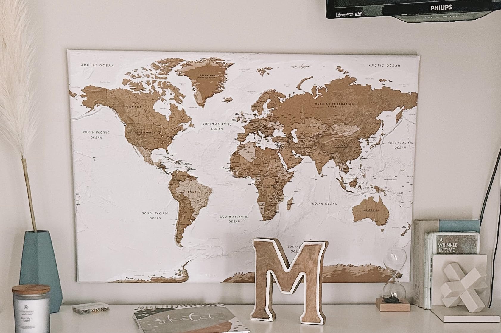 artgeist - Push Pin World Map Cork Board & Canvas Wall Art, Office 35x24 in customer photo 1