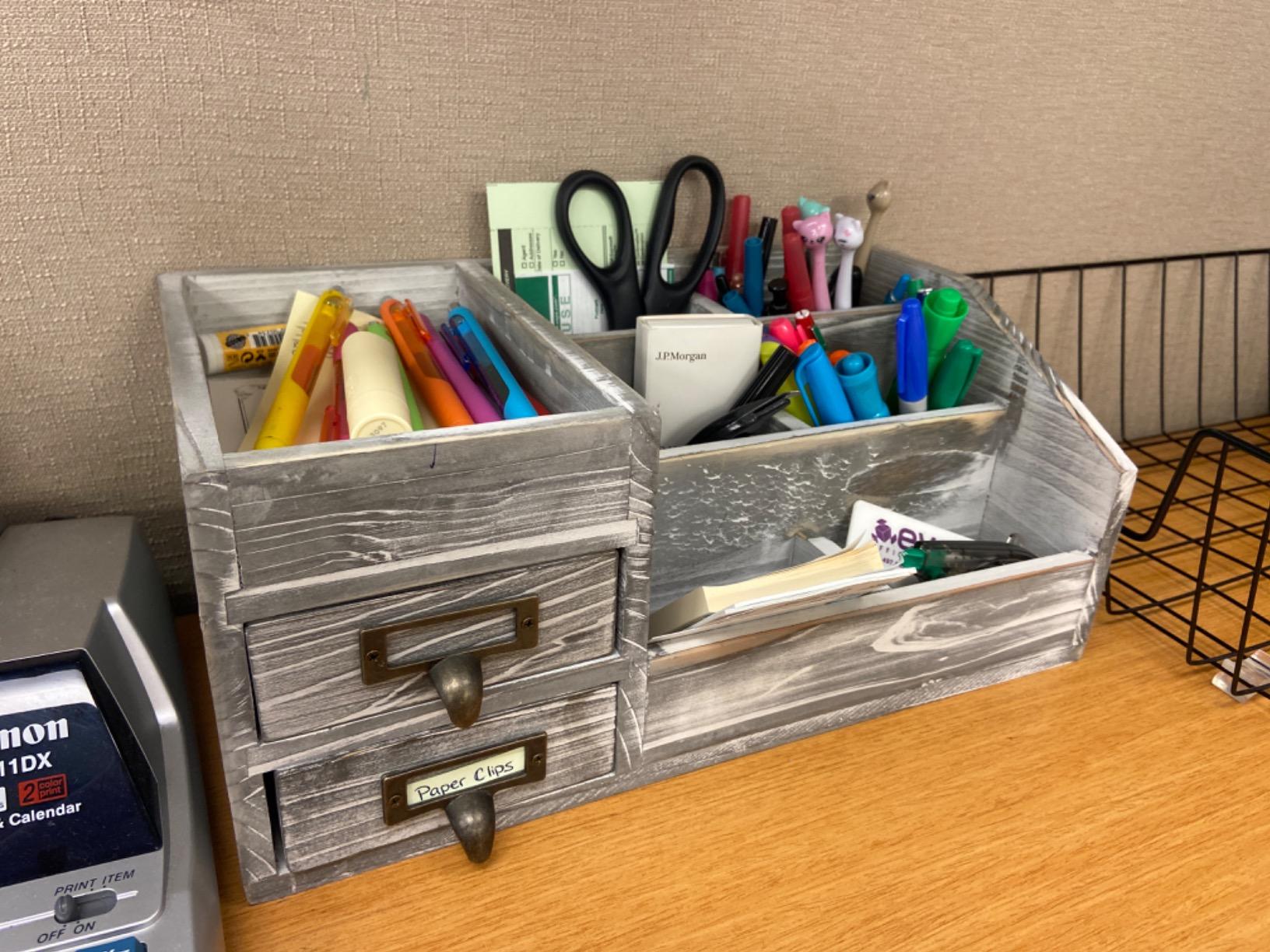 Distressed Rustic Wooden Office Desktop Organizer Wood Shelf Tabletop Home Organizer Storage with Multiple Compartments 2 Tier Drawers,perfect Jewelry storage Display Box for Desk, Vanity (gray) customer photo 1