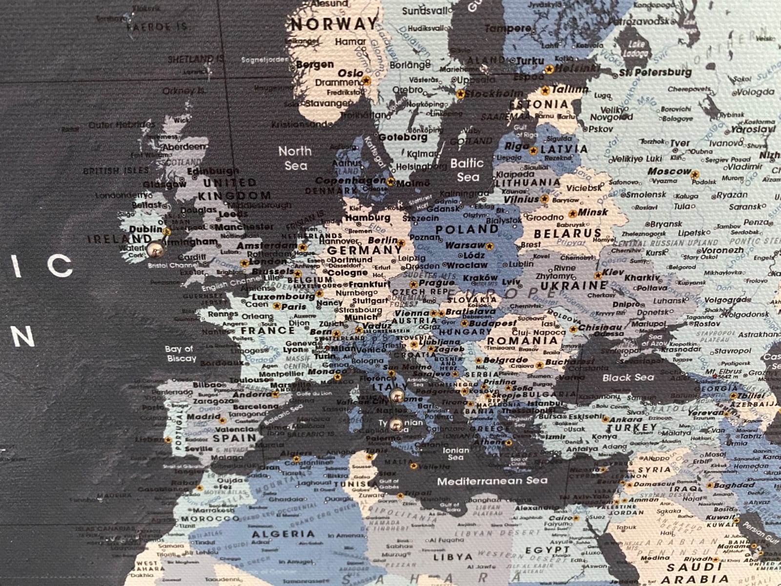 World Map Pin Board for Wall on Canvas - Push Pin Travel Map with 100 Pins to Mark Places Visited - Navy, 32 x 24 in - Pin Adventure Map customer photo 1