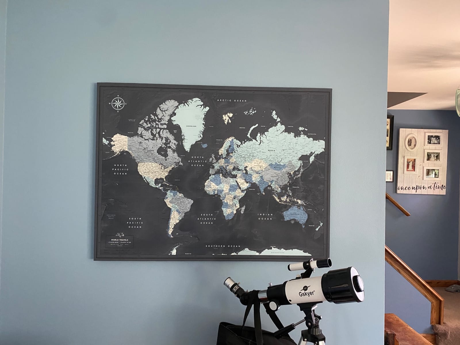 World Map Pin Board for Wall on Canvas - Push Pin Travel Map with 100 Pins to Mark Places Visited - Navy, 32 x 24 in - Pin Adventure Map customer photo 2