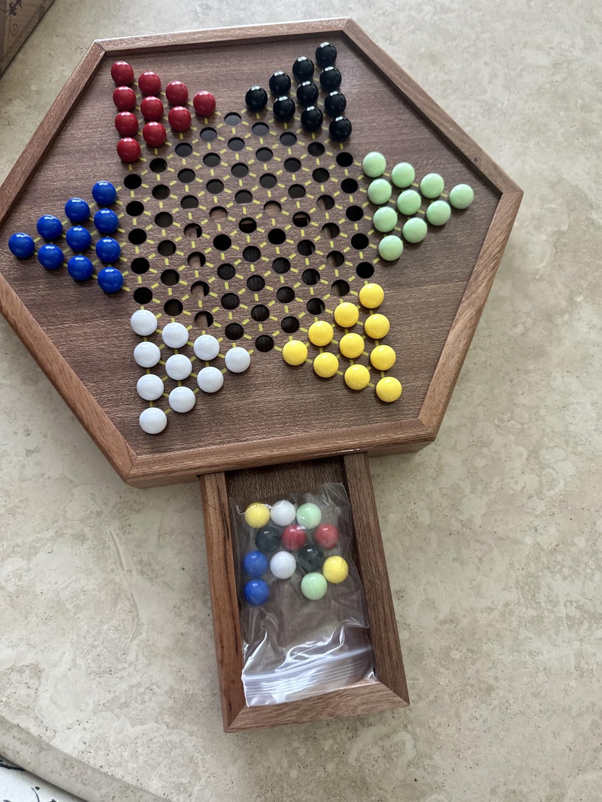 AMEROUS 12.5 inches Wooden Chinese Checkers Set with Storage Drawer - 60 Acrylic Marbles in 6 Colors - 12 Bonus Spare Marbles, Classic Strategy Family Board Game for Kids and Adults customer photo 1