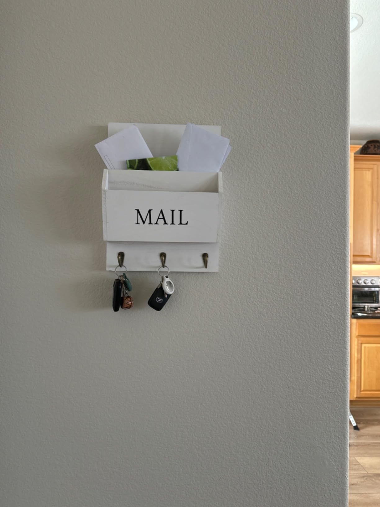 DLQuarts Solid Wood Mail Organizer with Key Holder for Wall, Mail Sorter Wall Mounted, Decorative Wooden Key and Mail Holder with 3 Hooks, Soft White customer photo 1