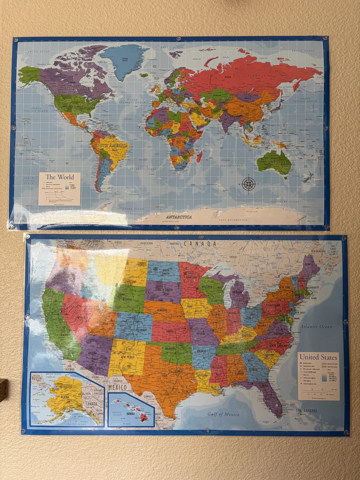 2 Pack - World Map Poster & USA Map Chart [Tan/Color] (LAMINATED, 18” x 29”) customer photo 1