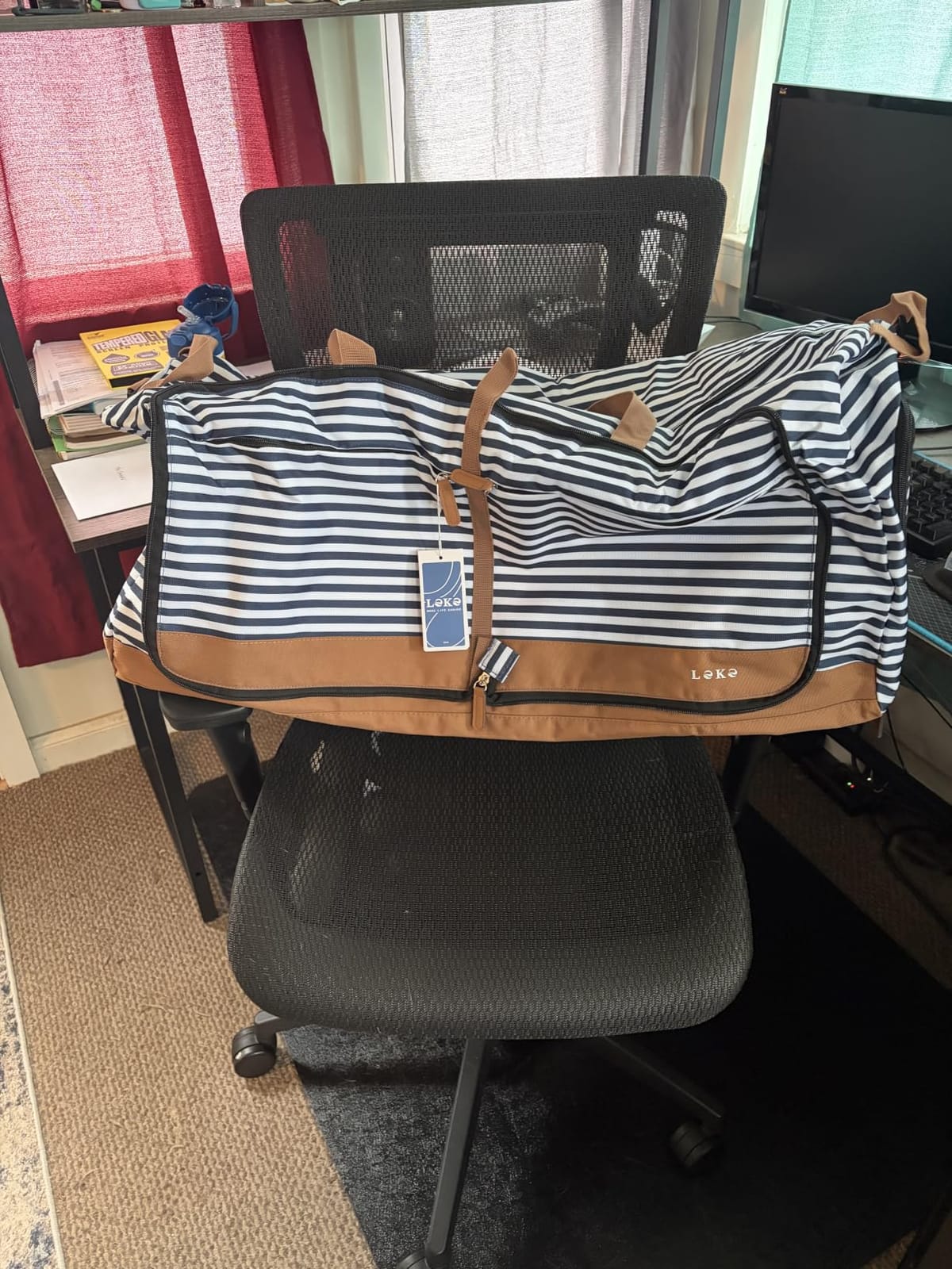 Lekesky Foldable Travel Duffle Bag for Women, 80L Large Duffel Bag with Separate Shoes Compartments & Straps, Carry On Weekend Bag for Women, Hospital, Overnight (Blue Stripes) customer photo 2