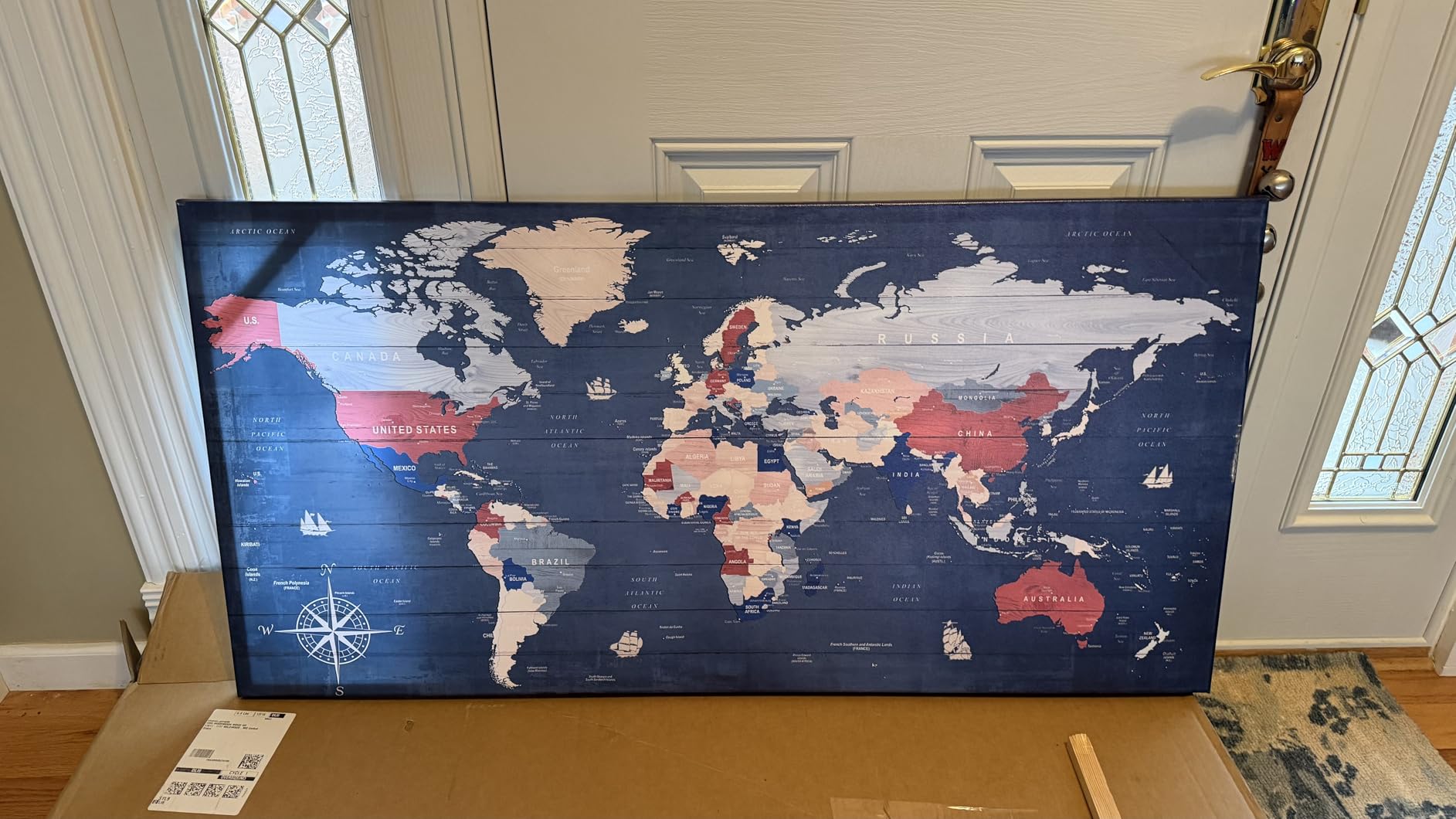 ZHAOSHOP Blue World Map Wall-Art For Office - Large World Maps For Wall - Canvas Wall Art Stretched and Framed Ready to Hang Size 40