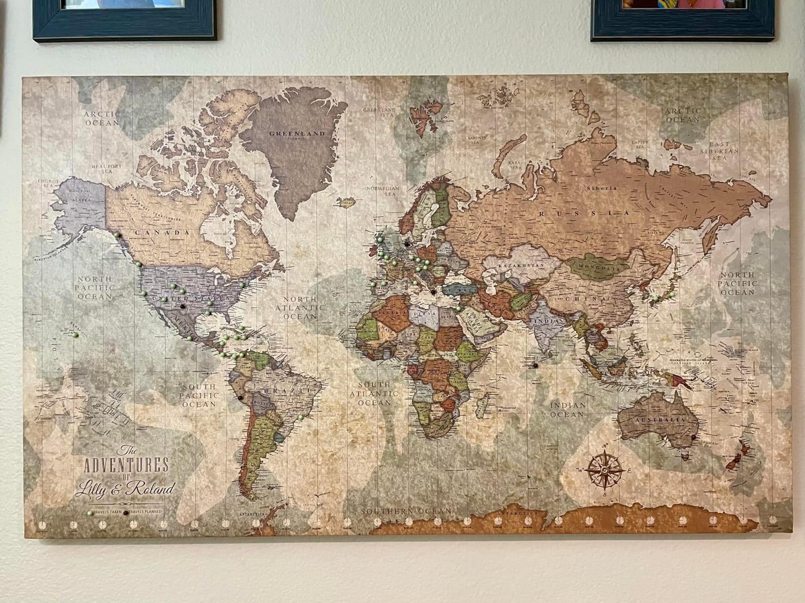 HolyCowCanvas Personalized World Map on Canvas in Vintage Earth Tones, Wall Art with Push Pins to Mark Travels, World Map Pin Board, Travel Tracker (40x24, Gallery Wrapped Canvas) customer photo 1