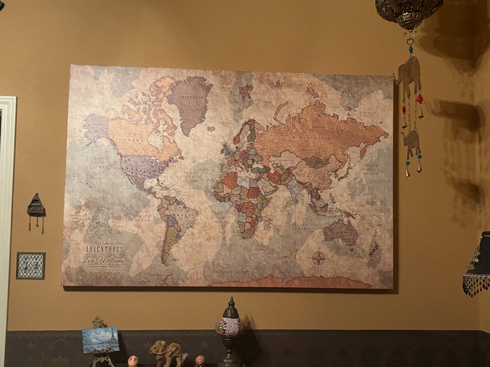 HolyCowCanvas Personalized World Map on Canvas in Vintage Earth Tones, Wall Art with Push Pins to Mark Travels, World Map Pin Board, Travel Tracker (40x24, Gallery Wrapped Canvas) customer photo 2