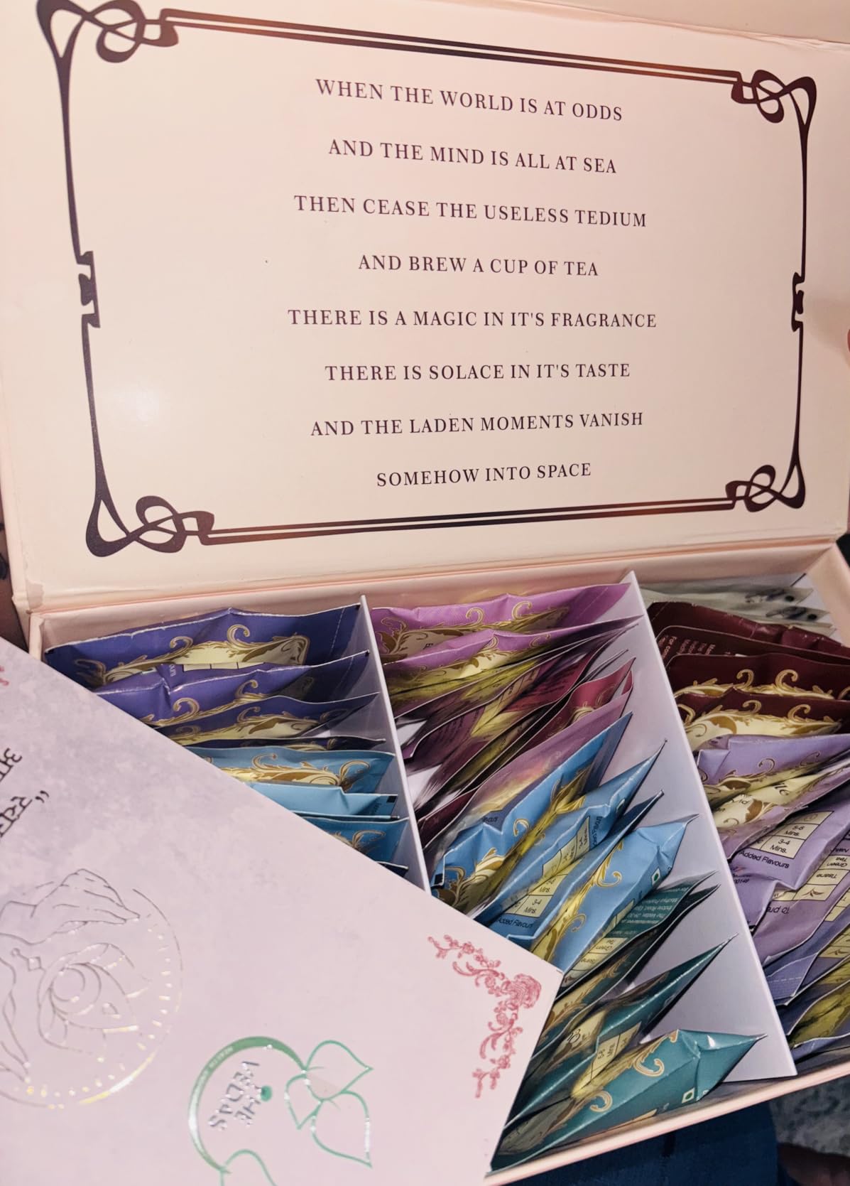 The Vedas Book Of Tea | Assorted Tea Bags Gift Box | 12 Exotic Herbal Tea Blends In Handcrafted Cotton Tea Bags & Pyramid Teabags | 4 Units of Each Variety, Net 48 | Tea Gift Hamper | Tea sampler gift set box | Tea collection | Tea sets for women gift | Tea Gift Sets customer photo 1
