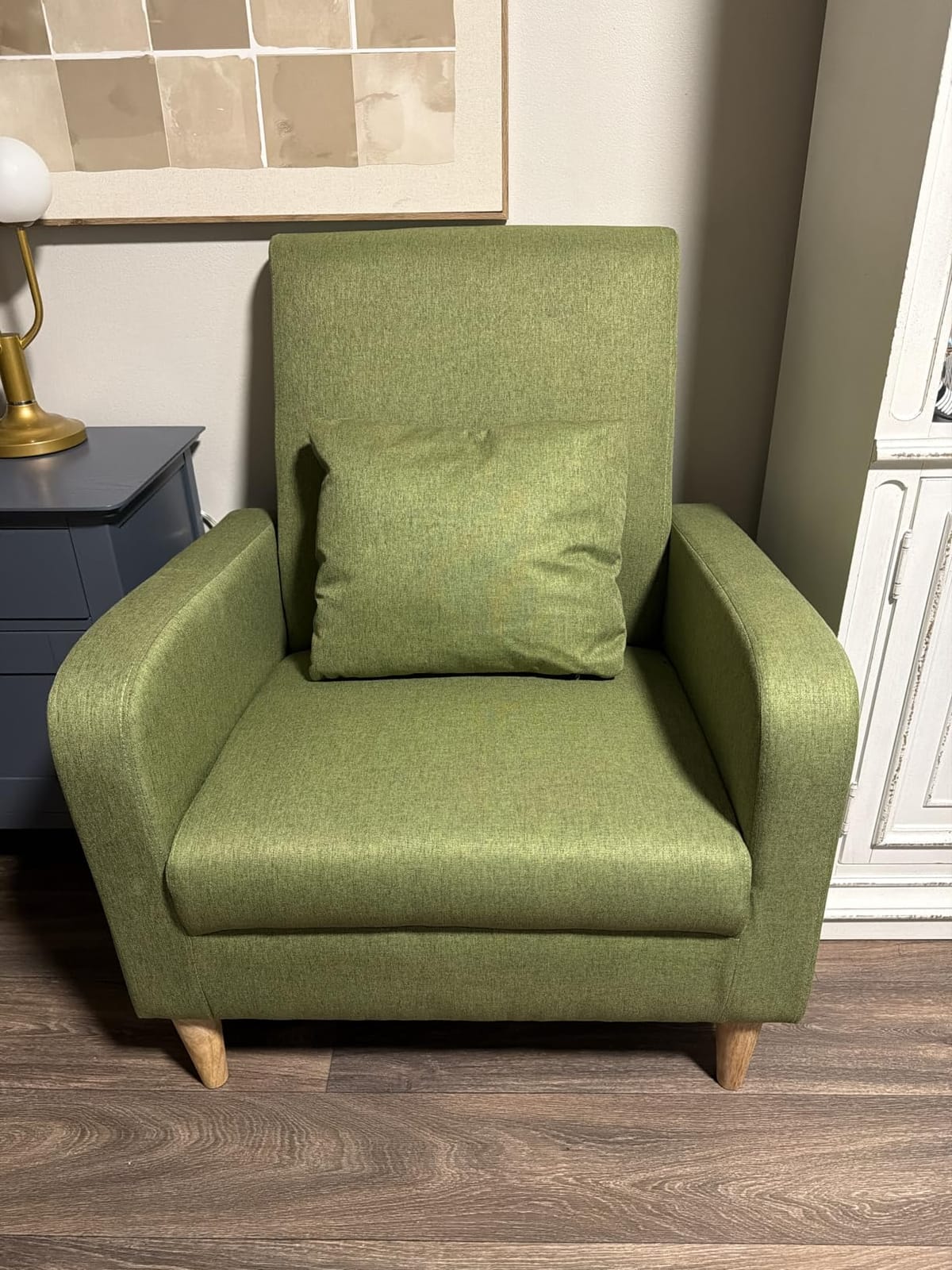 COLAMY Mid-Century Modern Upholstered Accent Chair with Back Pillow & Solid Wood Legs, Fabric Cozy Armchair for Living Room, Bedroom, Reading Nook, Apartment & Small Spaces, Beige customer photo 1