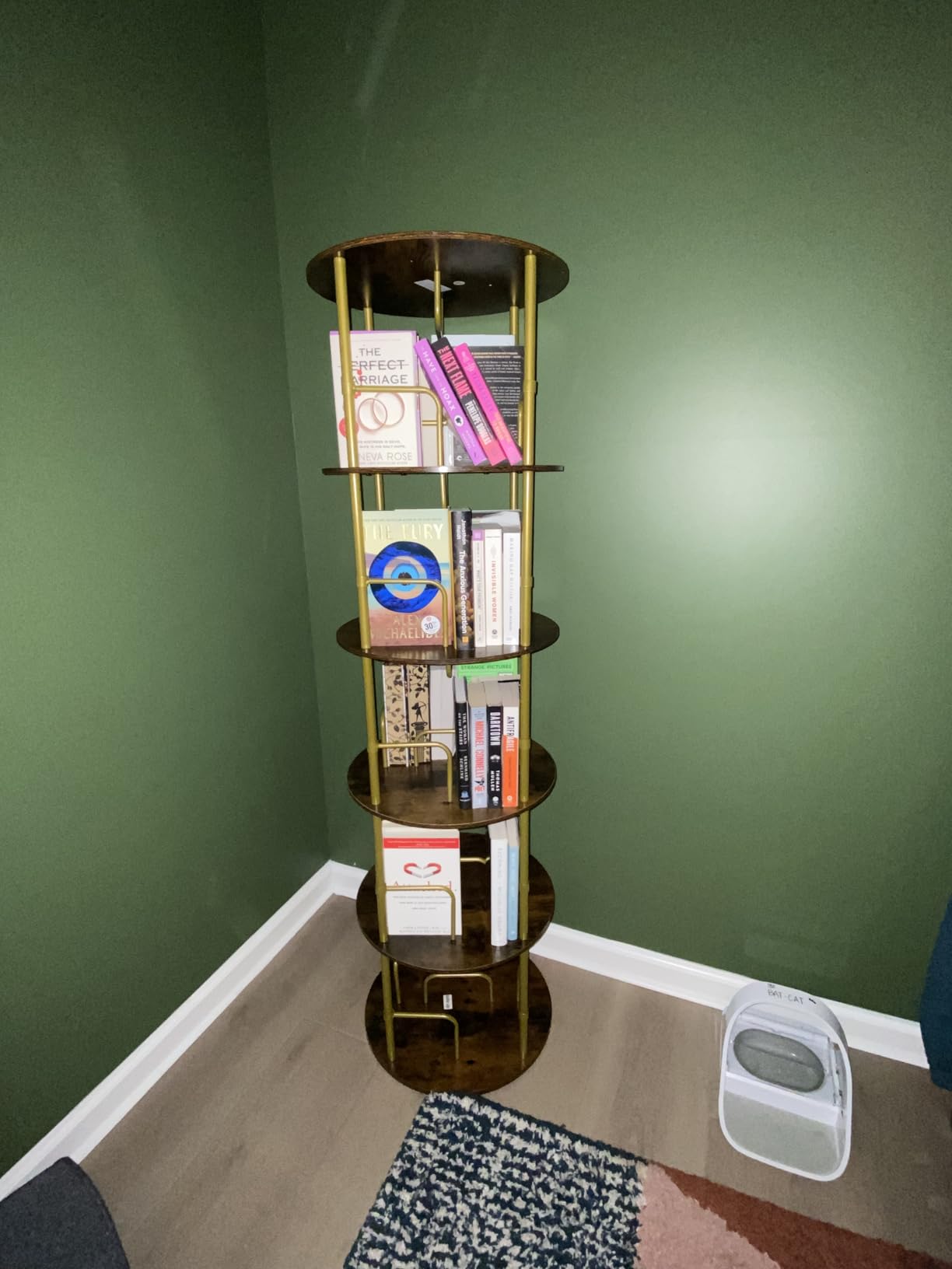 ALLSTAND 5 Tier Rotating Bookshelf, 360 ° Display Stackable Spinning Bookshelf Tower, Narrow Space Saving Tall Floor Standing Swivel Bookcase Corner Storage Organizer for Bedroom, Living Room, Gold customer photo 2