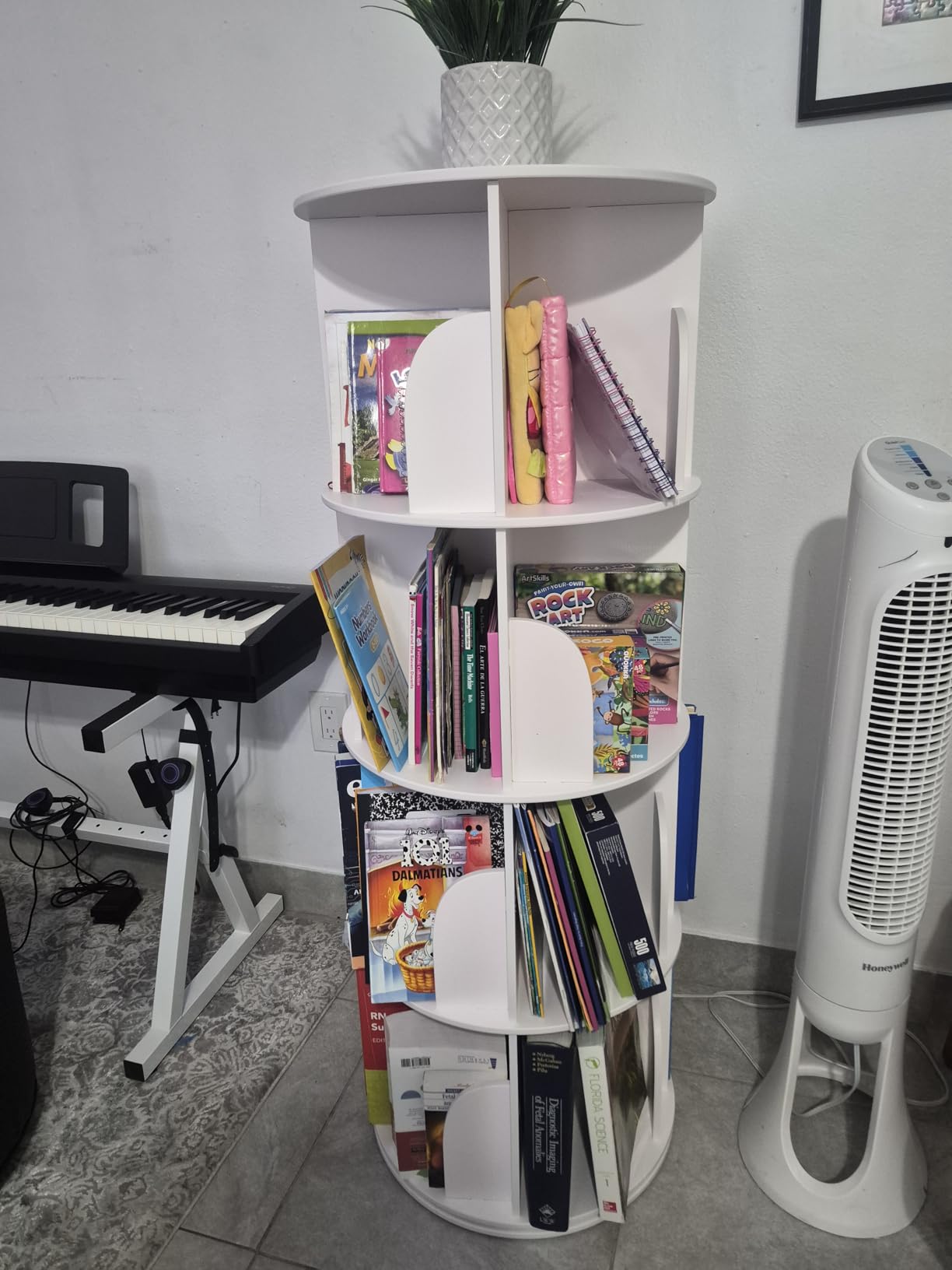 SpaceAid 4 Tier Rotating Bookshelf Tower, Spinning Bookcase Lazy Susan, Revolving 360 Book Shelf Storage Round Carousel, Vertical Rotate Turning Spiral Corner Organizer, White customer photo 2