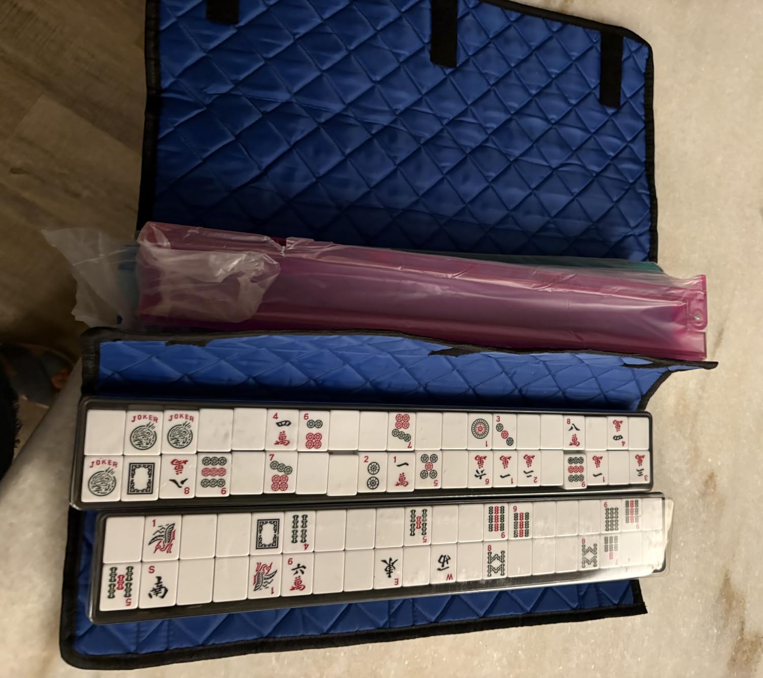 American Mahjong Game Set, 166 Quality White Tiles, 4 All-in-One Color Rack/Pushers, Mahjong Tile Set with Blue Printed Carrying Bag customer photo 2