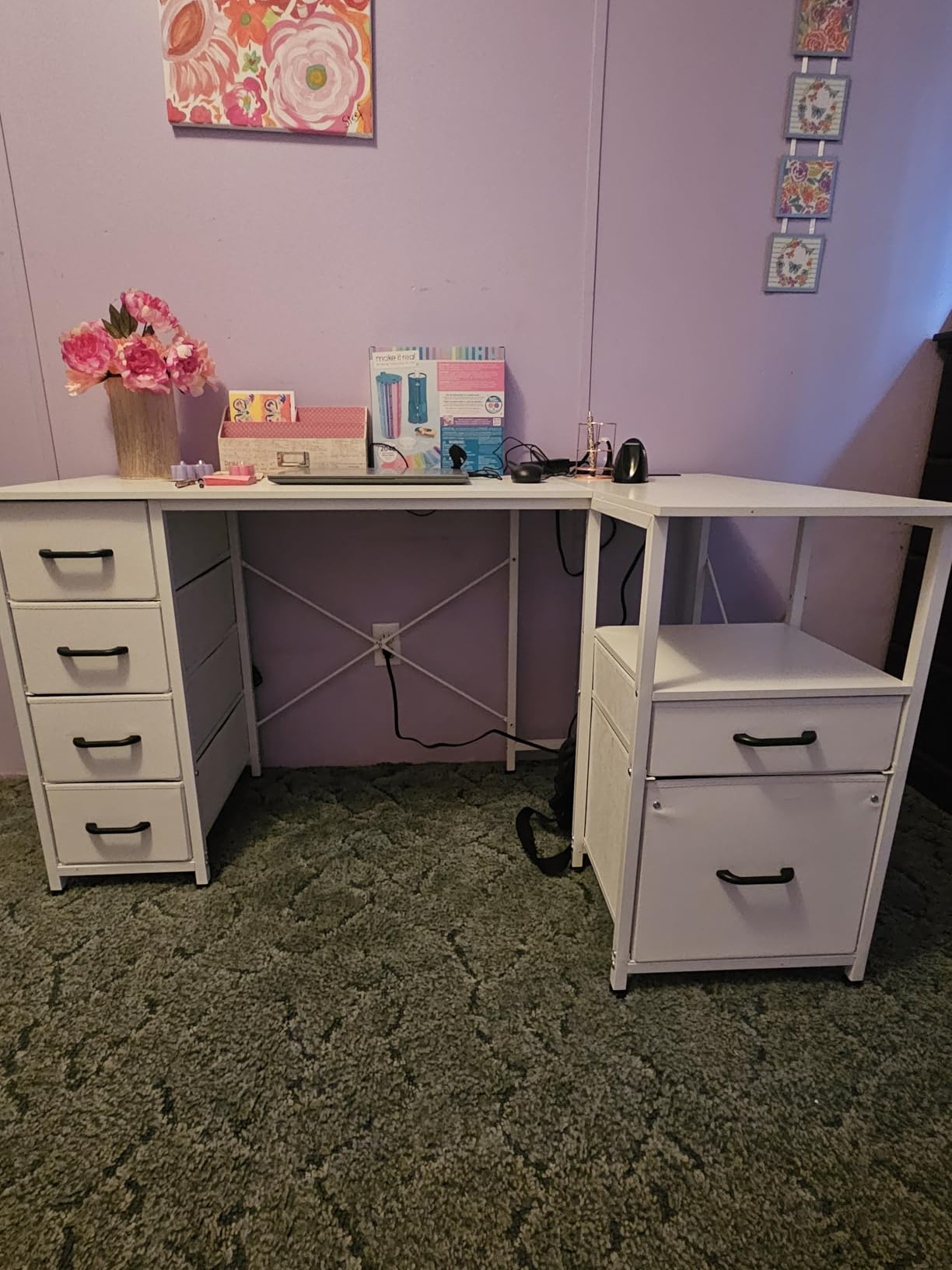 Coleshome 55 Inch L Shaped Office Desk with 6 Drawers, Power Outlet, White customer photo 2