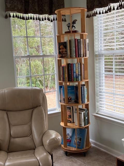 Muwuele 6 Tier Solid Wood Rotating Bookshelf Tower on Wheels, Walnut customer photo 1