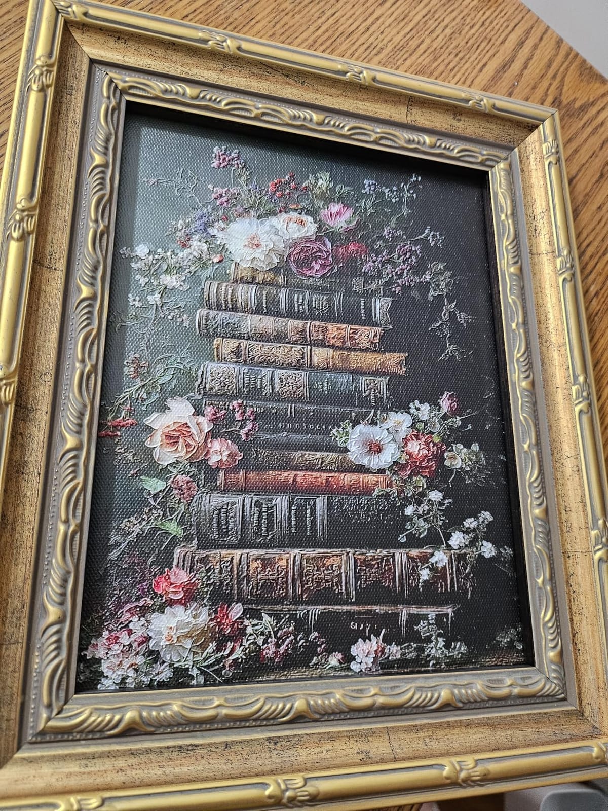 3D Textured Canvas Wall Art Vintage Carved Gold Frame Retro Stacked Books Literature Whimsical Dark Academia Relief Poster Print Artwork for Study Room Library Bedroom Home Decor customer photo 2